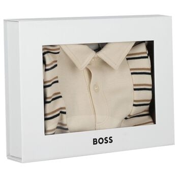 Baby Boys Beige Logo Striped Romper 