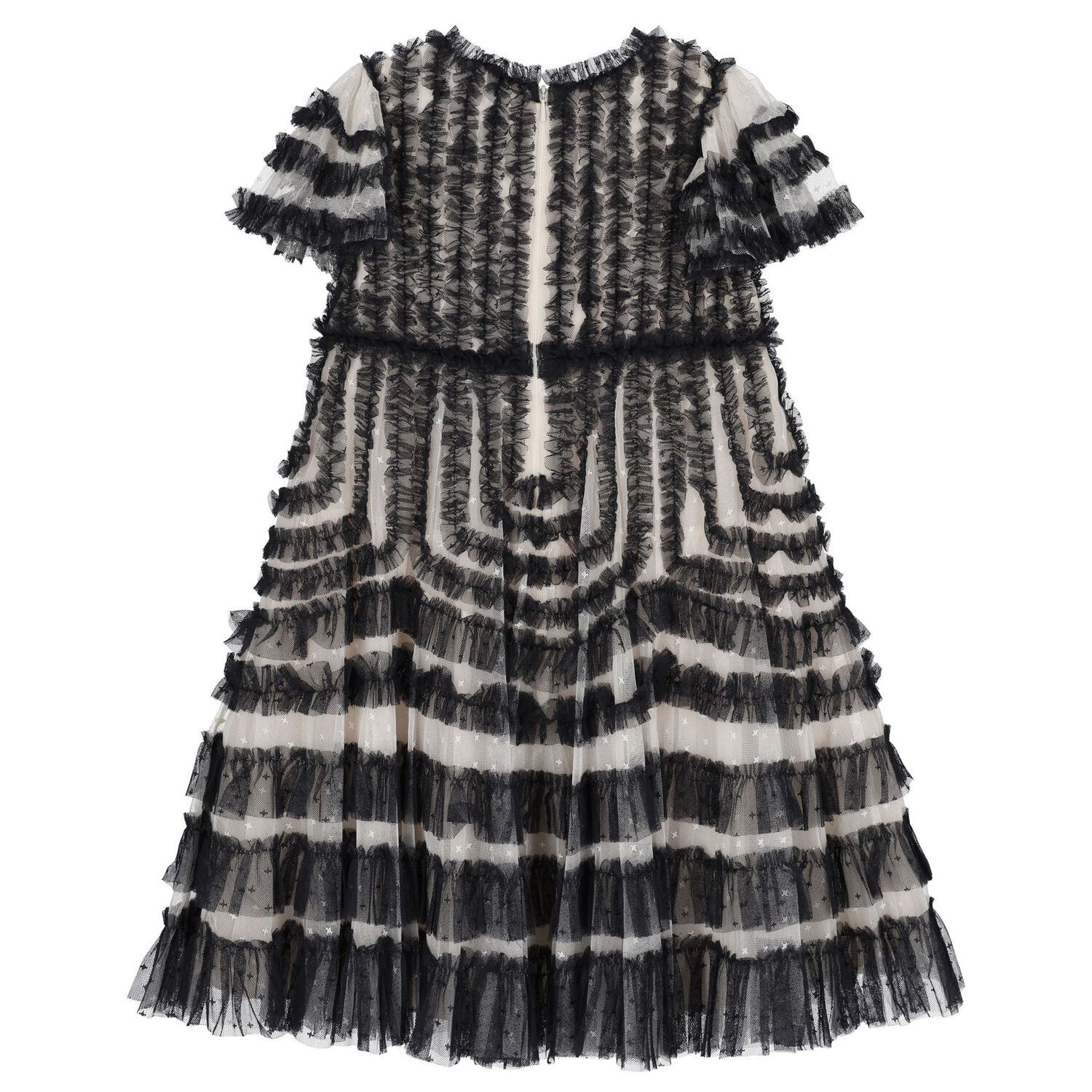 Girls Black & Beige Ruffled Tulle Dress, 1, hi-res