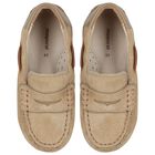Younger Boys Beige Suede Leather Moccasins, 2, hi-res