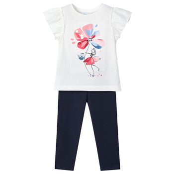 Girls White & Navy Blue Floral Leggings Set