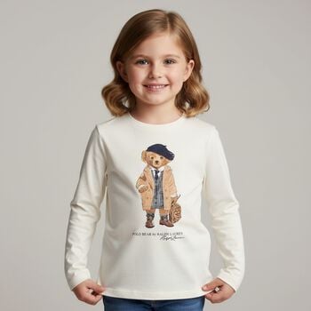 Girls White Polo Bear Long Sleeve Top