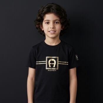 Younger Boys Black & Gold Logo T-Shirt