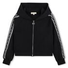 Girls Black Logo Hooded Zip Up Top, 1, hi-res