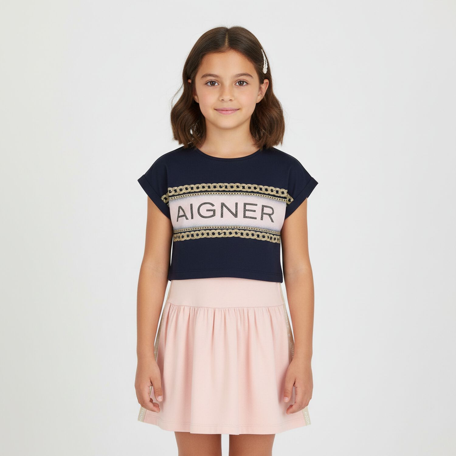 Girls Pink and Navy Blue Logo Dress Set, 2, hi-res image number null