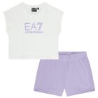 Girls White & Purple Logo Shorts Set, 2, hi-res
