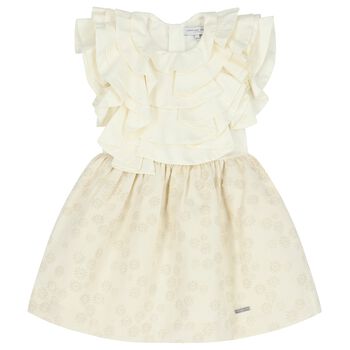 Girls White & Gold Floral Jacquard Dress