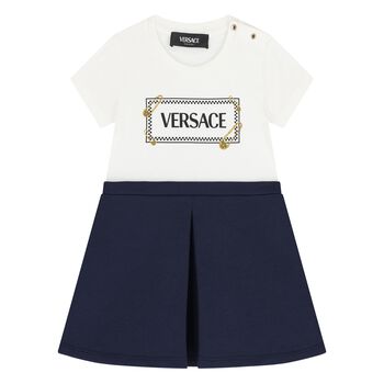 Younger Girls White & Navy Blue Logo Dress