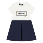 Younger Girls White & Navy Blue Logo Dress, 1, hi-res