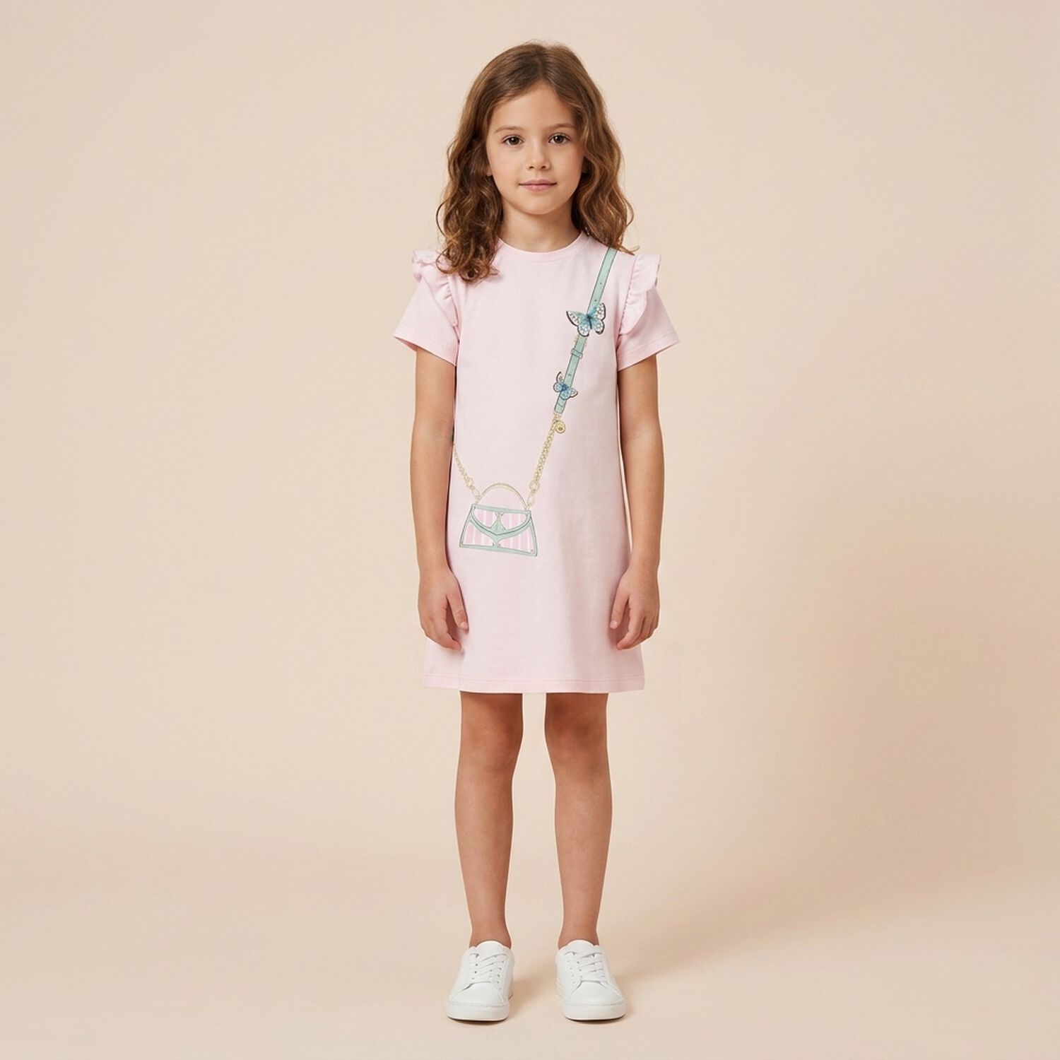 Younger Girls Pink Bag Logo Dress, 3, hi-res