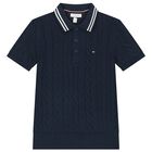 Boys Navy Blue Cable Knit Polo Shirt, 1, hi-res