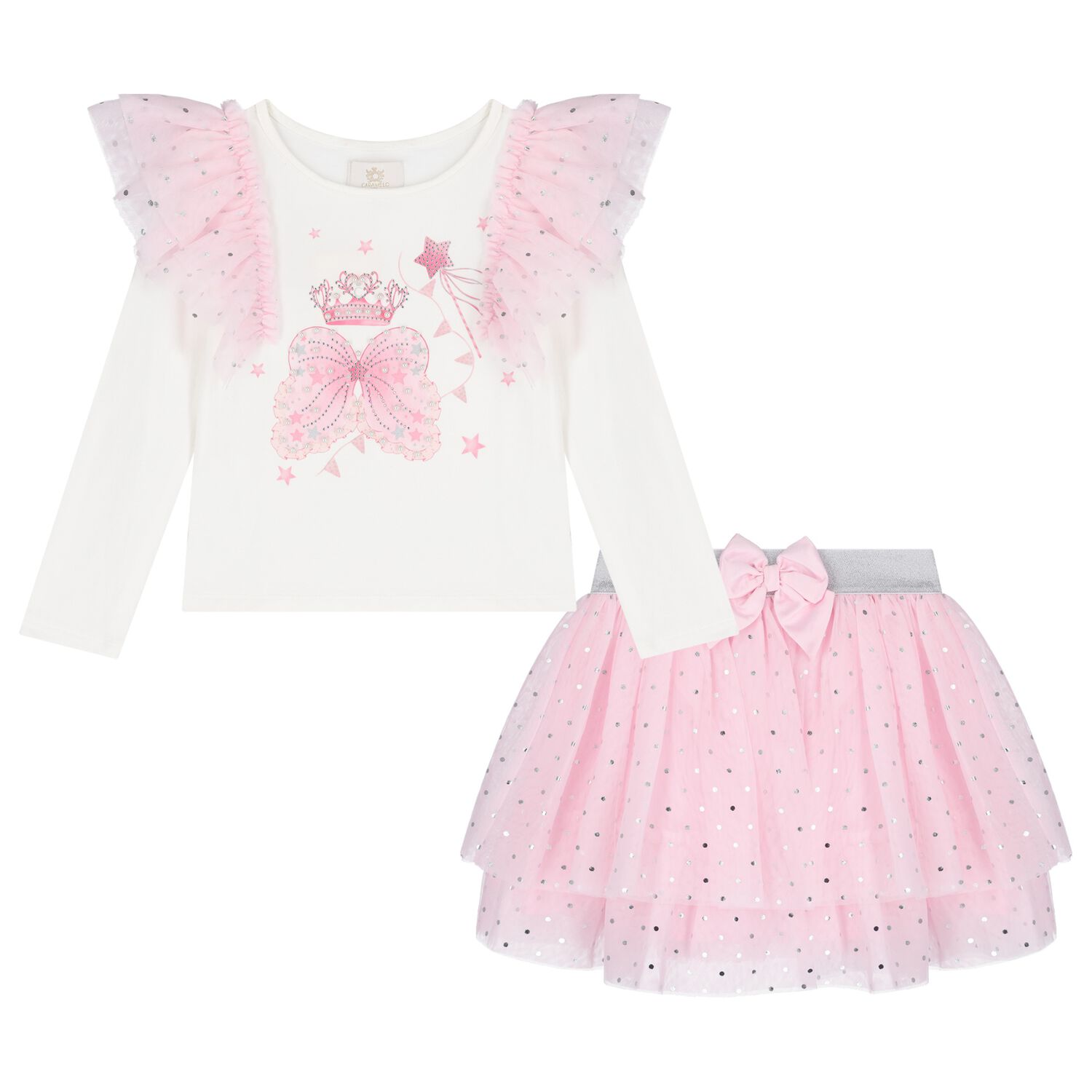 Girls Pink & Ivory Tulle Fairy Wings Skirt Set, 1, hi-res