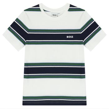 Boys White, Navy & Green Striped T-Shirt