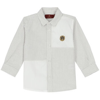Younger Boys White & Beige Striped Logo Shirt