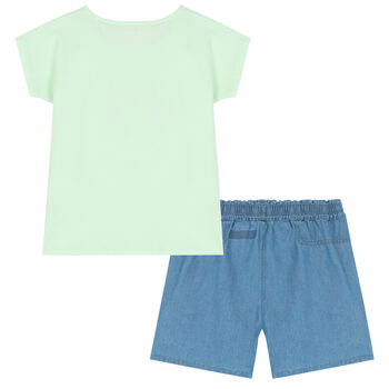 Girls Green & Blue Logo Shorts Set