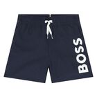 Younger Boys Navy Blue Logo Swim Shorts, 1, hi-res
