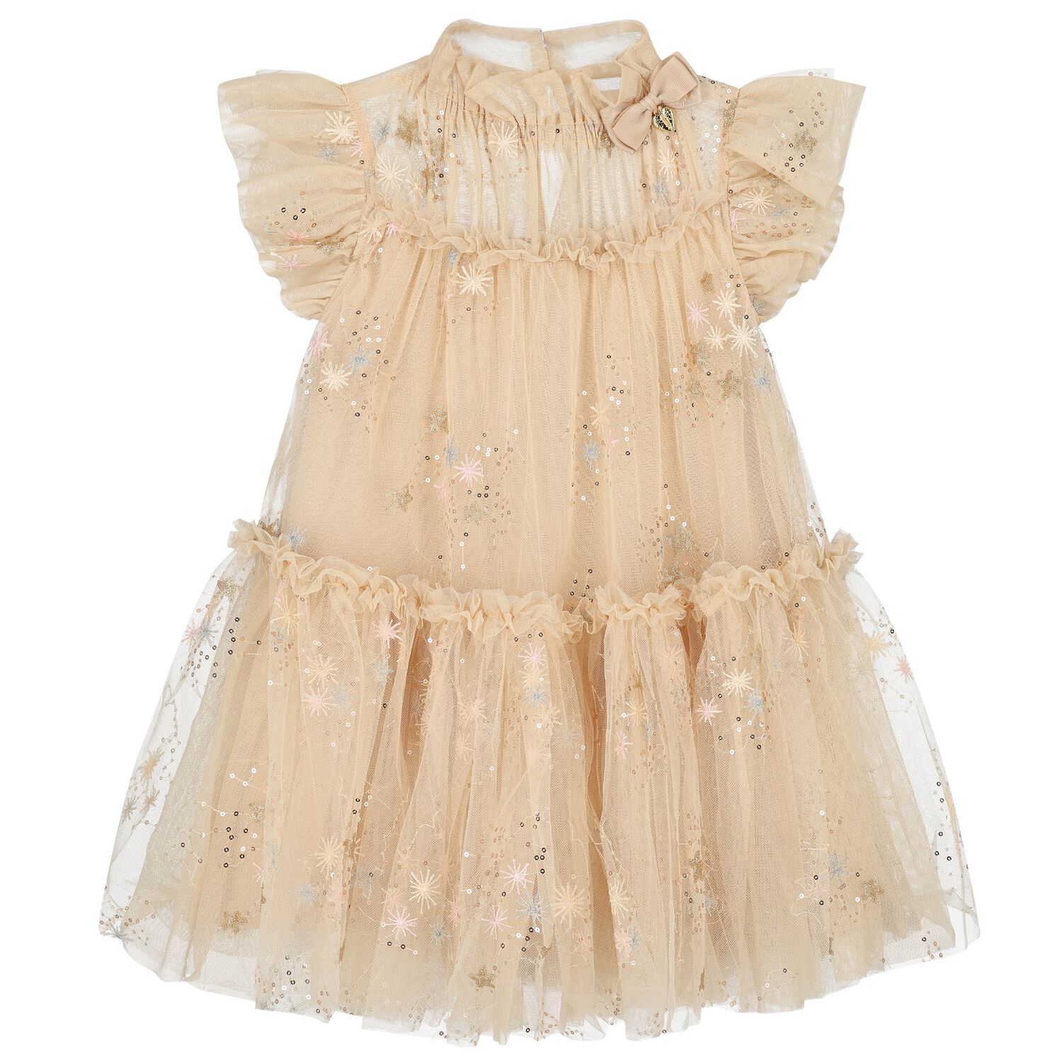 Girls Beige & Gold Tulle Dress, 1, hi-res image number null