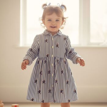 Baby Girls White & Blue Polo Bear Striped Dress Set