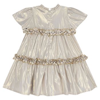 Younger Girls Beige & Gold Logo Ruffled Dress