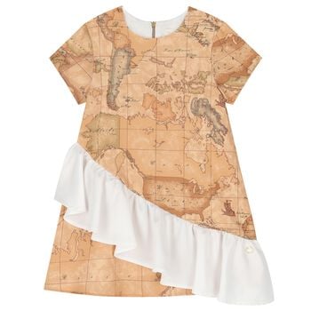 Girls Beige Logo Geo Map Dress
