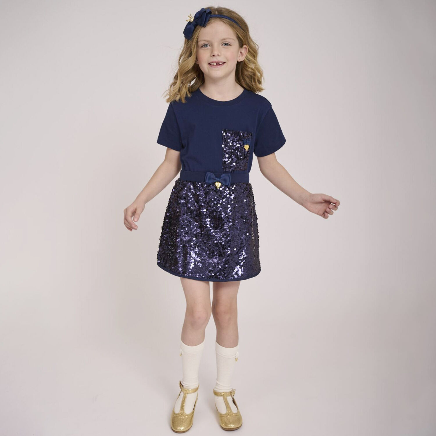 Girls Navy Blue Embellished Sequin Skirt, 1, hi-res