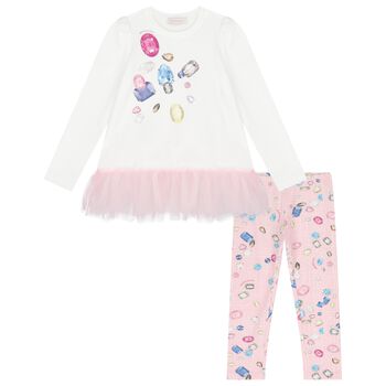 Girls Pink & Ivory Jewel Leggings Set