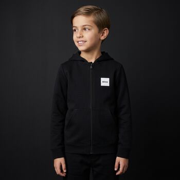 Boys Black Logo Hooded Zip Up Top