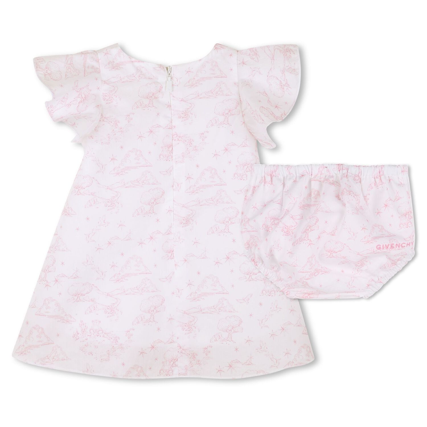 Baby Girls White & Pink Toile de Jouy Dress Set, 1, hi-res