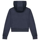 Girls Navy Blue Embellished Logo Hooded Zip Up Top, 1, hi-res
