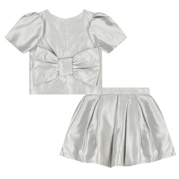 Girls Metallic Silver Bow Skirt Set