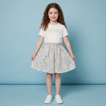 Girls White & Grey Logo Barocco Dress
