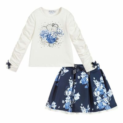 Girls Ivory & Navy Blue Skirt Set 