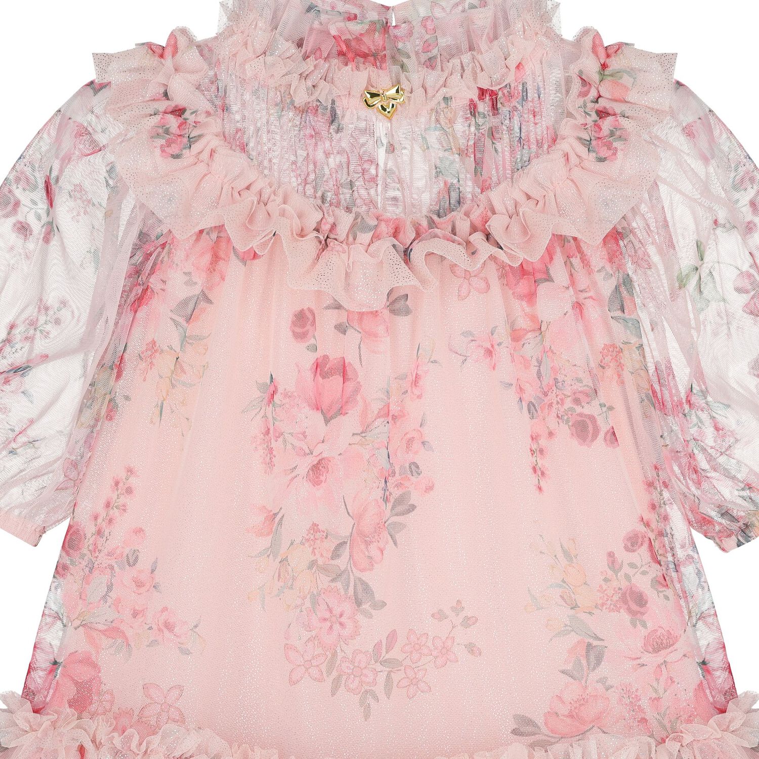 Girls Pink Floral Tulle Dress, 1, hi-res