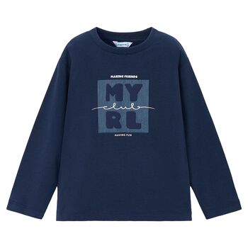 Boys Navy Blue Logo Long Sleeve Top