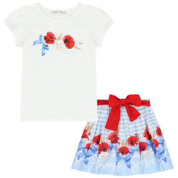 Girls White & Blue Floral Skirt Set