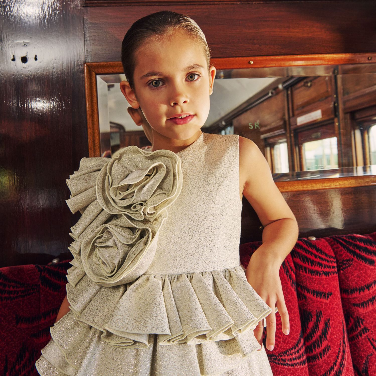 Girls Beige Flower Ruffle Dress, 1, hi-res image number null