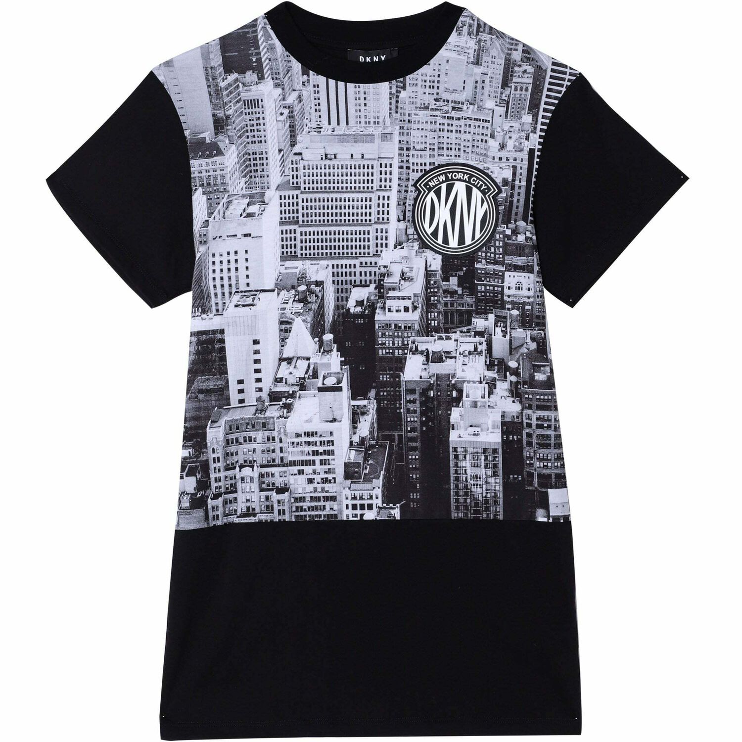 Girls Black Printed Logo Dress, 1, hi-res