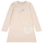 Girls Beige Embellished Logo Dress, 1, hi-res