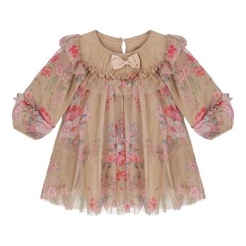 Baby Girls Beige Floral Ruffled Tulle Dress