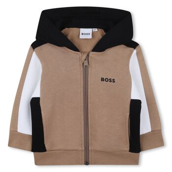 Younger Boys Beige, White & Black Hooded Zip Up Top