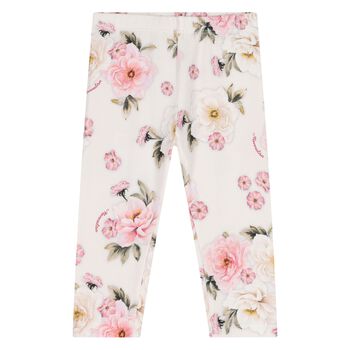 Younger Girls Ivory & Pink Floral Leggings