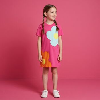 فستان تيشيرت مطرز بالزهور باللون الوردي للبنات 