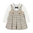Younger Girls Beige & White Pinafore Dress, 1, hi-res