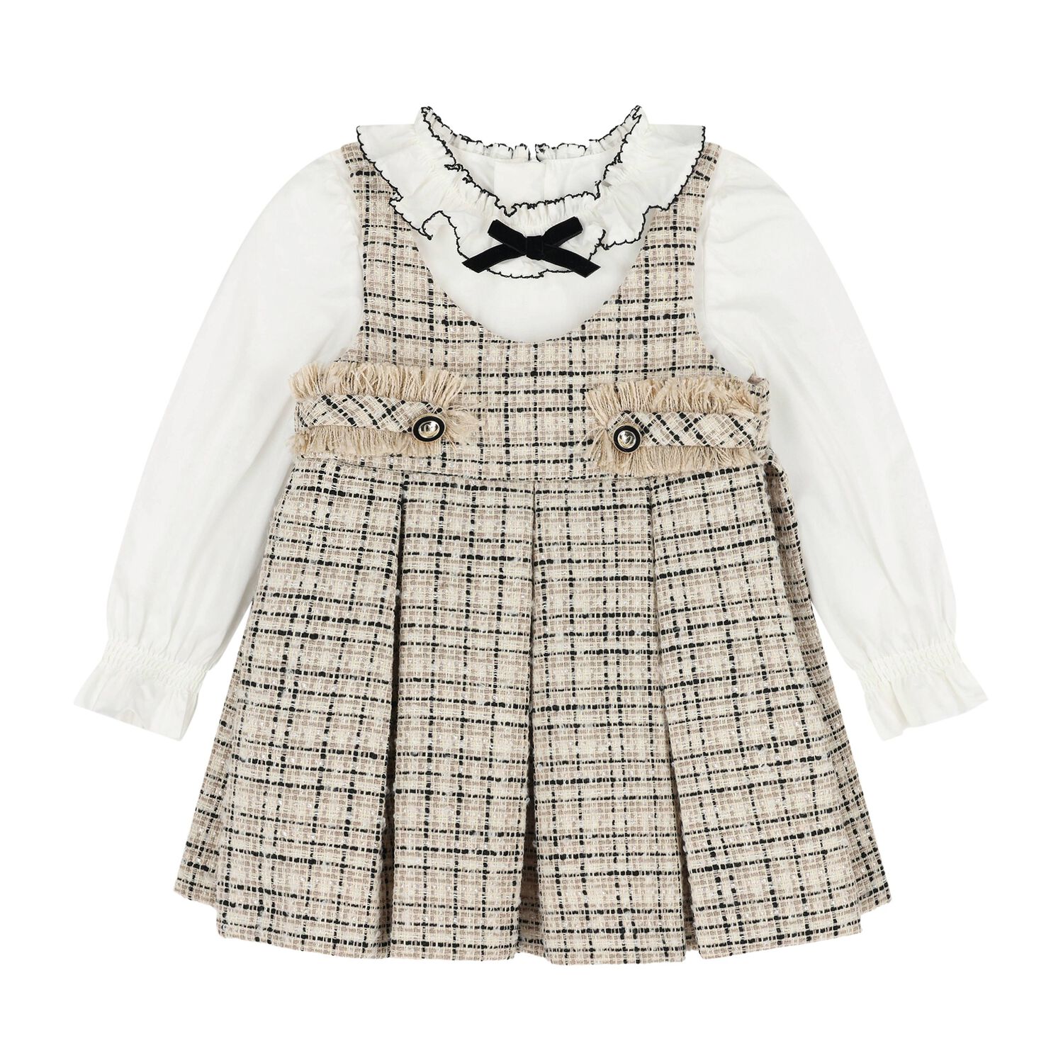 Younger Girls Beige & White Pinafore Dress, 1, hi-res