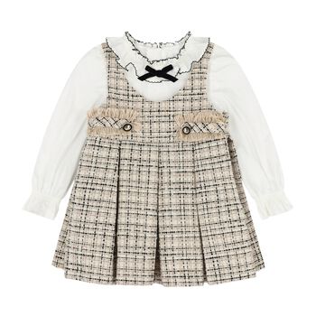Younger Girls Beige & White Pinafore Dress