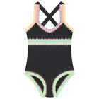 Girls Black Embroidered Swimsuit, 1, hi-res