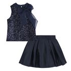 Girls Navy Blue Bow Sequin Skirt Set, 1, hi-res