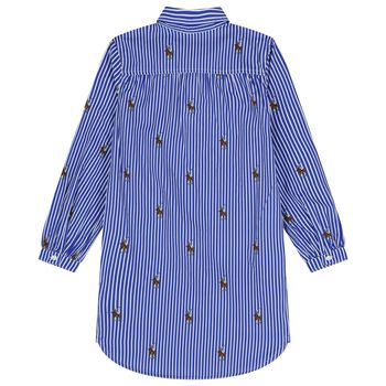 Girls Blue & White Polo Bear Striped Dress