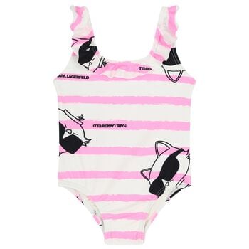 Girls White & Pink Choupette Stripe Swimsuit