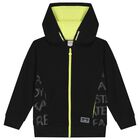 Boys Black Hooded Zip Up Top, 1, hi-res