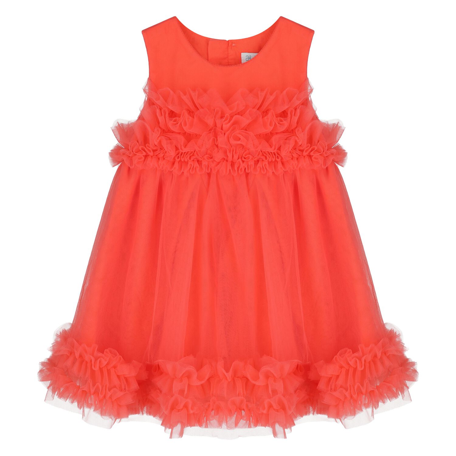 Younger Girls Coral Ruffled Tulle Dress, 1, hi-res